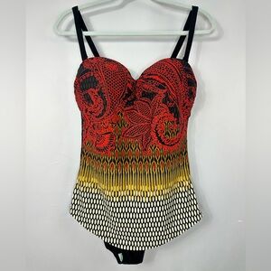 NWT Polovi Red Gold Black One piece Swimsuit Sz US 14/16